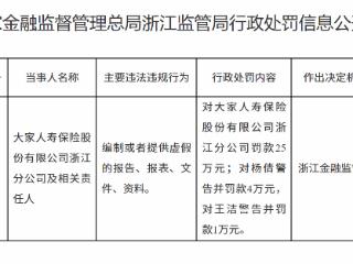 大家人寿浙江分公司因提供虚假报告被罚25万 两责任人合计罚5万