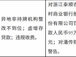 泰顺农商行因异地非持牌整改不到位等被罚95万元