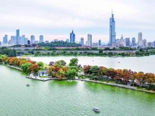 玄武湖台菱堤 榉红柳绿似彩带