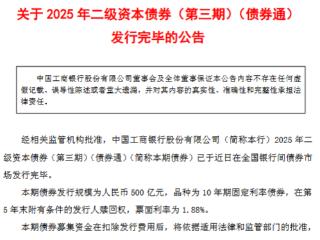 工商银行发行人民币500亿元债券 票面利率为1.88%