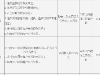 吉安农商银行因多项违规被罚231.83万元 回应称"高度重视、迅速整改"