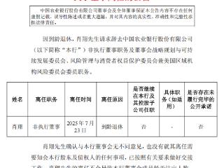 农业银行非执行董事肖翔到龄退休 7月23日正式离任