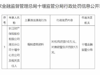 编制虚假资料  长江财产保险湖北分公司十堰中心支公司被罚款10万元