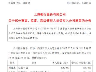 上海银行，10位管理层共买入44万股A股股票