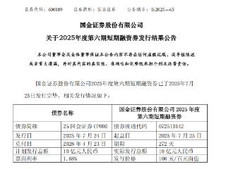 国金证券成功发行2025年度第六期短期融资券 规模10亿元