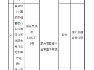 部分项目资本金审查不审慎，邮储银行信阳市分行被罚款30万元
