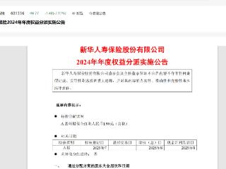 新华保险2024年年度权益分派：A 股每股现金红利人民币1.99元