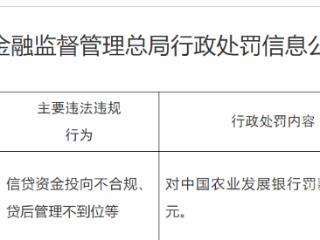 信贷资金投向不合规、贷后管理不到位等，中国农业发展银行被罚款1020元