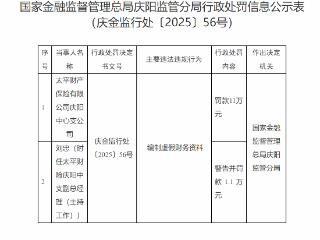 编制虚假财务资料 太平财险庆阳中支遭监管罚款11万