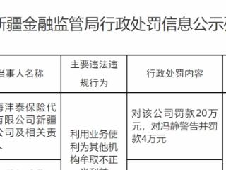 利用业务便利为其他机构牟取不正当利益，华海沣泰保险代理新疆分公司被罚款20万元