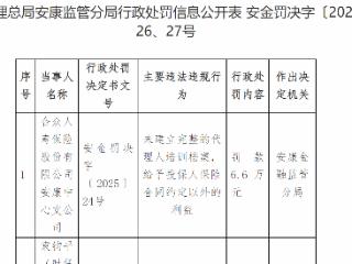 合众人寿安康中支因代理人培训档案不完整等被罚6.6万元 三名责任人同步领罚