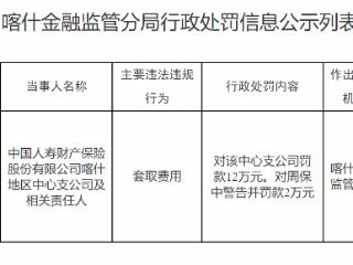 中国人寿财险喀什中支因套取费用被罚12万元 责任人周某遭警告并罚款