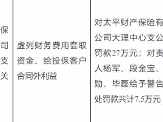 太平财险大理中支因虚列费用及违规返利被罚27万 四责任人合计罚7.5万