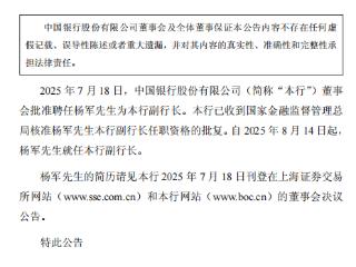 杨军获批担任中国银行副行长
