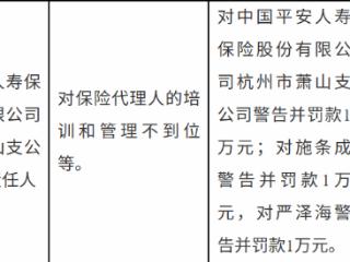 平安人寿杭州萧山支公司因代理人培训管理问题被罚 两名责任人同步受罚