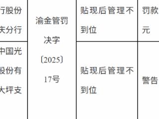 光大银行重庆分行因贴现管理违规被罚30万元 责任人袁某遭警告
