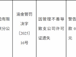 泰康人寿重庆分公司因许可证遗失被罚0.5万元