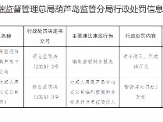 大家人寿葫芦岛中支因编制虚假财务报表被罚15万元 责任人杜某遭警告并罚款1万元