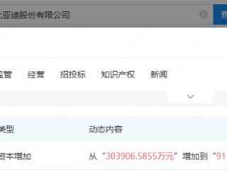 比亚迪注册资本增加至91.17亿元，增幅约200%