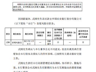 武刚因到龄退休辞去农业银行首席风险官职务