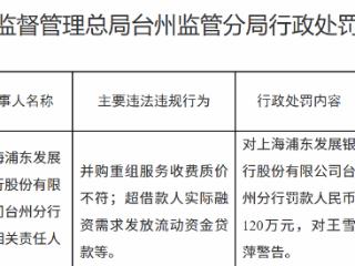 浦发银行台州分行因并购服务收费质价不符等多项违规被罚120万元