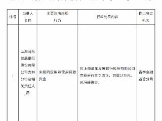 浦发银行吉林分行因贷款未按约定用途使用被罚25万元，责任人冯某遭警告