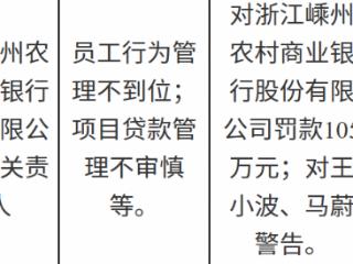嵊州农商行因员工与贷款管理双失责被罚105万元，两责任人遭警告