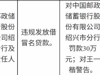 邮储银行绍兴市分行因违规发放借冒名贷款被罚30万元 责任人遭警告
