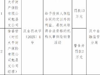 太平财险勉县支公司因违规返利等行为被罚13万元，负责人一同受罚