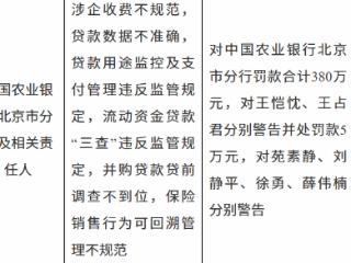 农业银行北京市分行因 6 项业务违规领 380 万罚单 6 名责任人同步受处