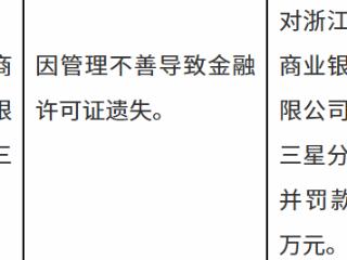 温岭农商行三星分理处遗失金融许可证被罚1万元