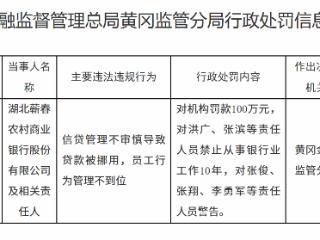 湖北蕲春农商行因信贷管理不审慎等违规行为被罚100万元，多名责任人遭严惩