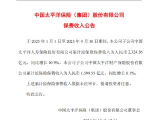 中国太保前三季度保费出炉：寿险增10.9%至2324亿，财险微增0.1%