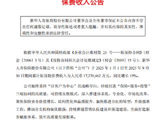 新华保险前三季度保费收入1727亿元，同比增长19%