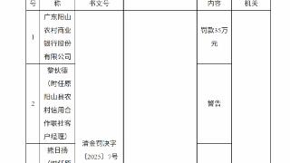 广东阳山农商行因贷款业务违规被罚35万元，1人遭10年行业禁入