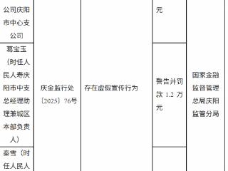 中国人民人寿保险庆阳支公司因存在虚假宣传行为被罚款6万元，两责任人同步领罚