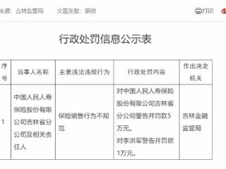 保险销售行为不规范，中国人民人寿保险吉林省分公司被警告并罚款5万元