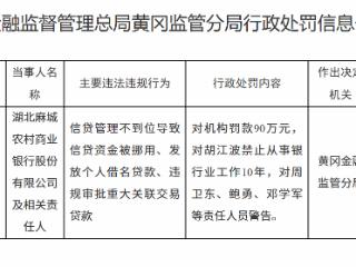 麻城农商行因涉资金挪用、借名贷款等被罚90万  一人被禁止从事银行业工作10年