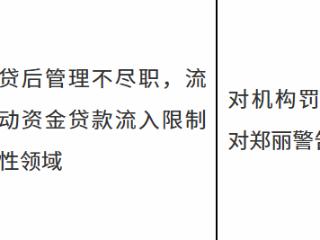 中国建设银行十堰分行因贷后管理不尽职，流动资金贷款流入限制性领域被罚款30万元