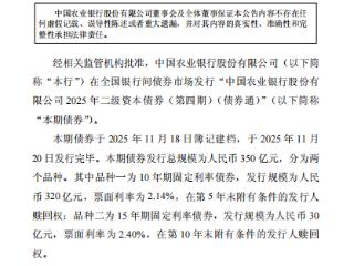 农业银行成功发行350亿元二级资本债券