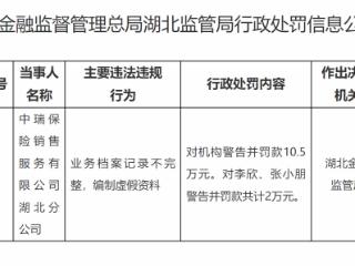 业务档案记录不完整，编制虚假资料，中瑞保险湖北分公司被警告并罚款10.5万元