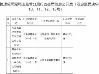 阳光农业相互保险公司双鸭山中心支公司因虚列费用、农险数据不真实被罚共计45万元
