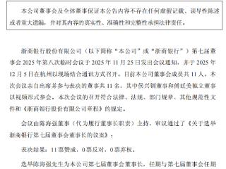 浙商银行：同意选举陈海强为董事长
