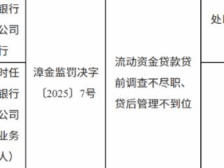 光大银行漳州分行因流动资金贷款贷前调查不尽职、贷后管理不到位被处以20万元罚款