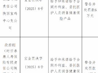 泰康人寿保险陕西宝鸡中心支公司因涉违规给予合同外利益及委托医护人员售险被罚款6万