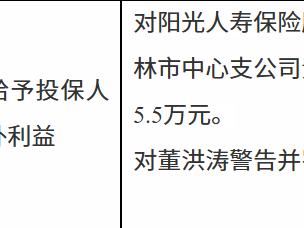 阳光人寿吉林市中心支公司因承诺给予投保人合同外利益被罚款5.5万元