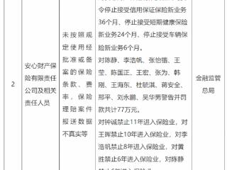 安心财险被责令停止相关业务6-36个月不等，14名责任人合计被罚77万