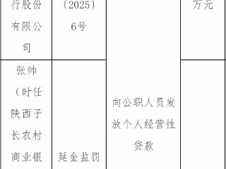陕西子长农商行因向公职人员发放个人经营性贷款被罚款35万元