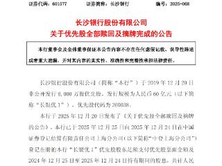 长沙银行：“长银优 1”优先股赎回及摘牌已完成