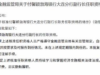付馨颖获批担任渤海银行大连分行副行长